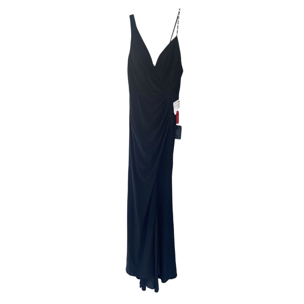 Mac Duggal Pearl Crystal Strap V Neck Front Slit Gown Black 2 - Picture 2 of 7